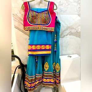 RANG RASIYA INDIAN LEHENGA CHOLI -Skirt Cropped Choli and Scarf - Blue/Pink/Gold